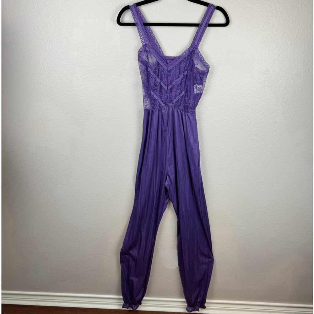 Vintage Purple Lace Jumpsuit Nylon Sheer Wide Leg 70s Disco Boho Made USA M - Picture 2 of 13